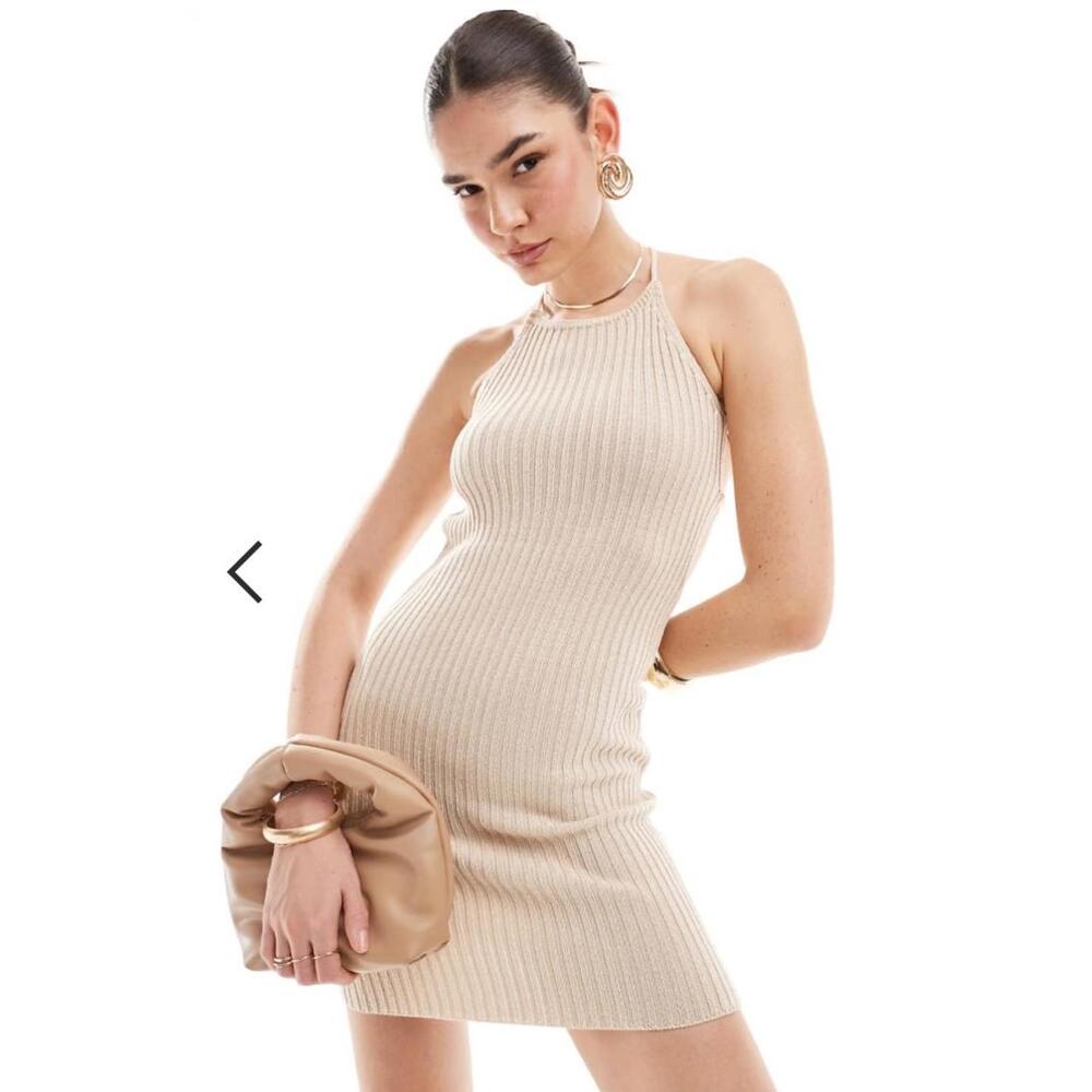 BERSHKA Lace-Up Back Crochet Knit Mini Dress in Tan (X-SMALL)